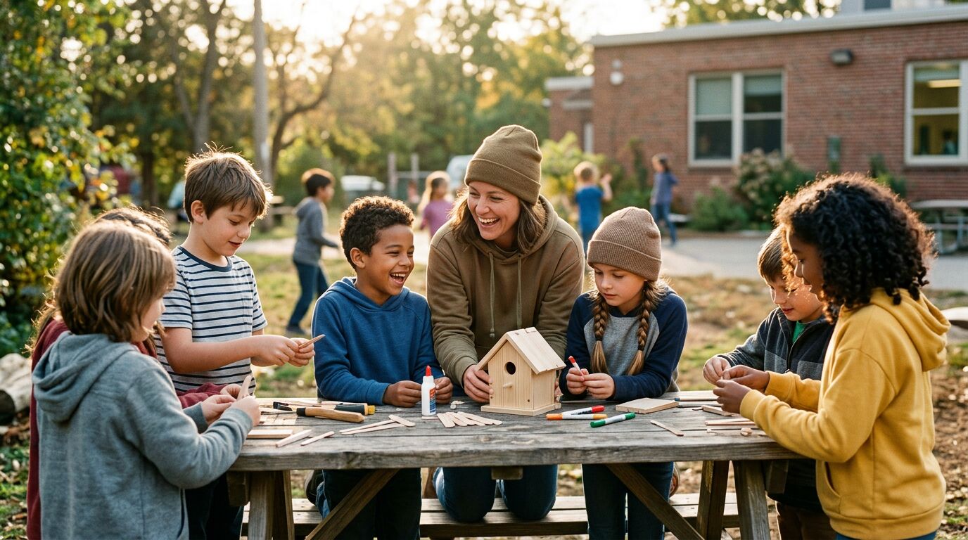 Kids building a birdhouse with a counselor at an after-school club run on Assembly
