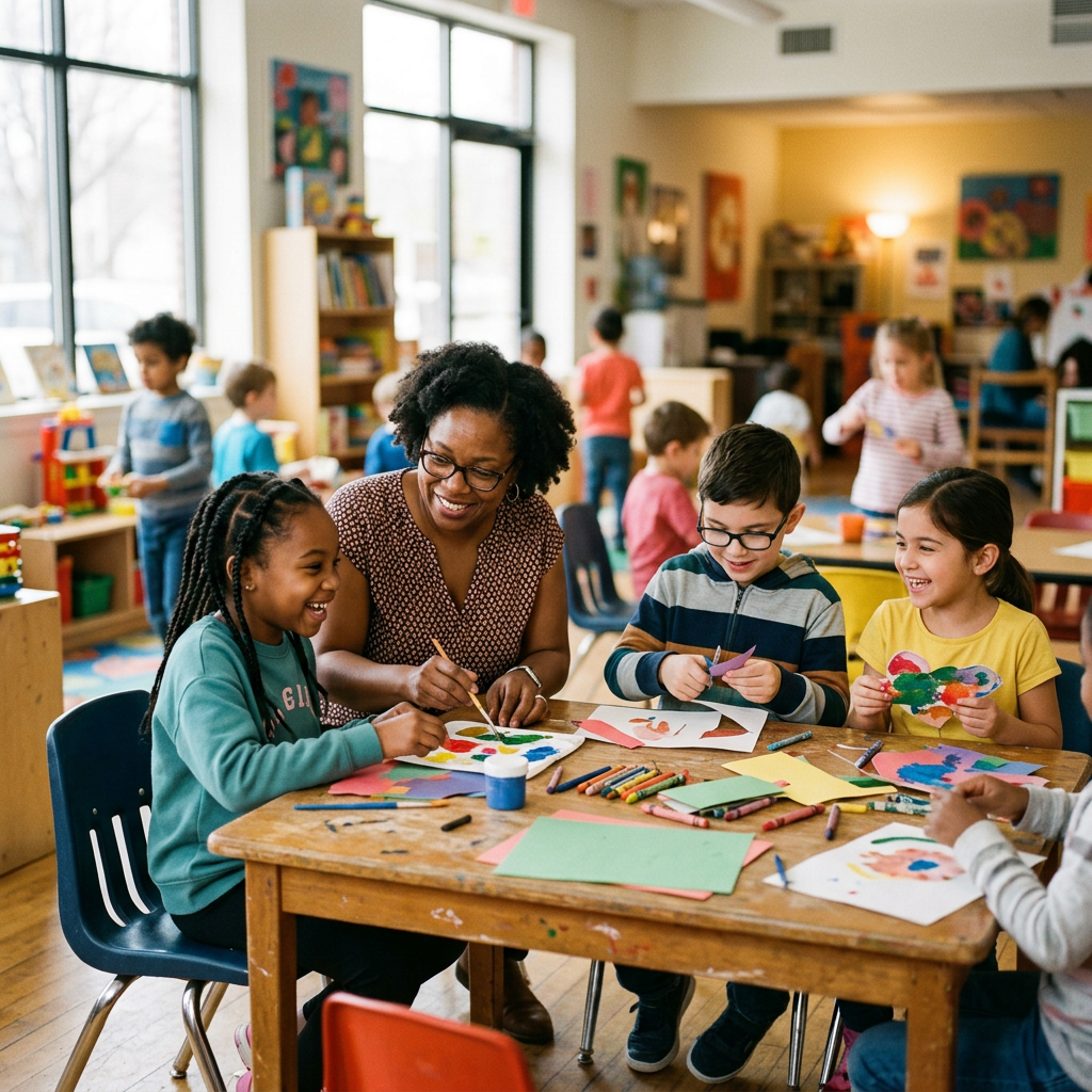 Children and an organizer engaged in a lively community after-school program