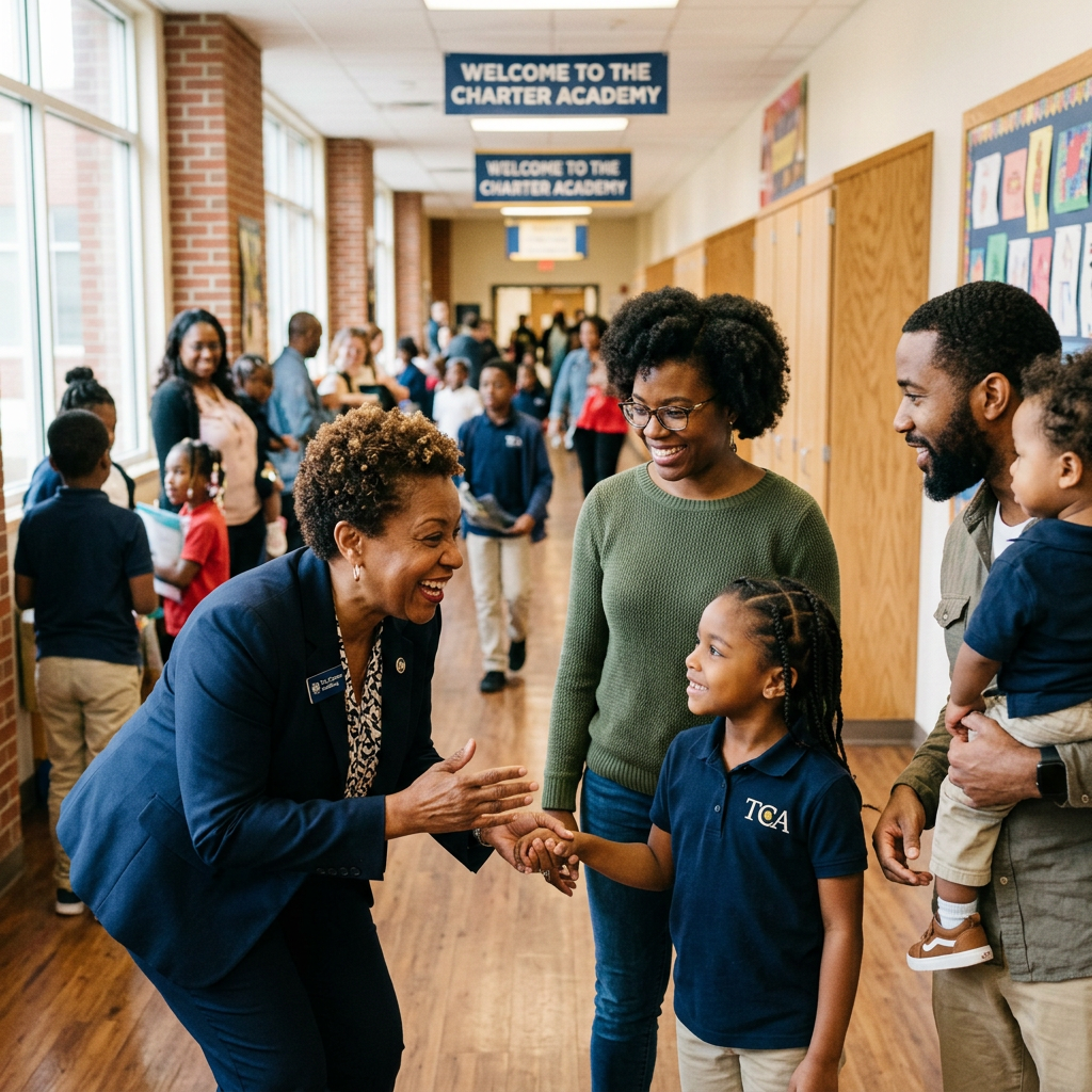 A school leader warmly welcoming families on a charter school campus