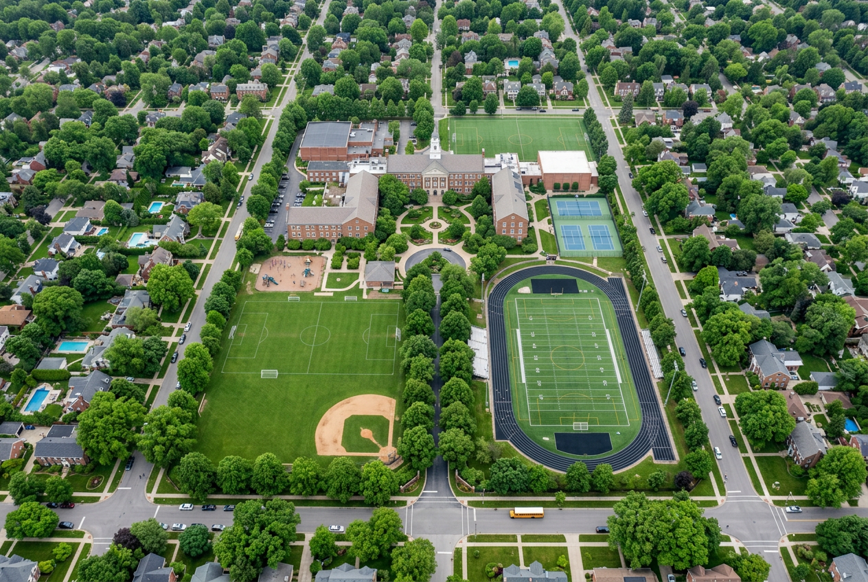 Aerial view of a school campus surrounded by a leafy residential neighborhood