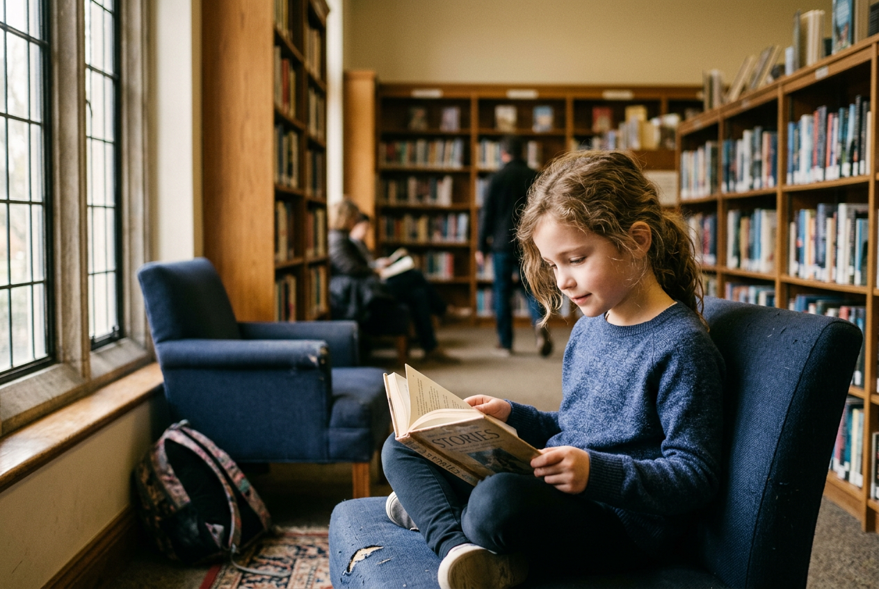 A child reading quietly in a sunlit community library